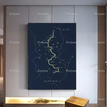Карта на маршрута Alta-Вия-1 | доломити-1 | туризъм в Европа | Карта на маршрута - Арт | Плакати За модерният Домашен интериор, Стенни Артистични Щампи Върху Платно